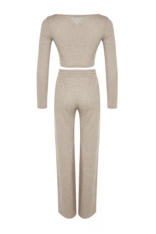 Beżowy zestaw z krótkimi i szerokimi nogawkami/szerokimi nogawkami Yumoş, dzianinowy dół i góra TWOAW23AU00125 - 9