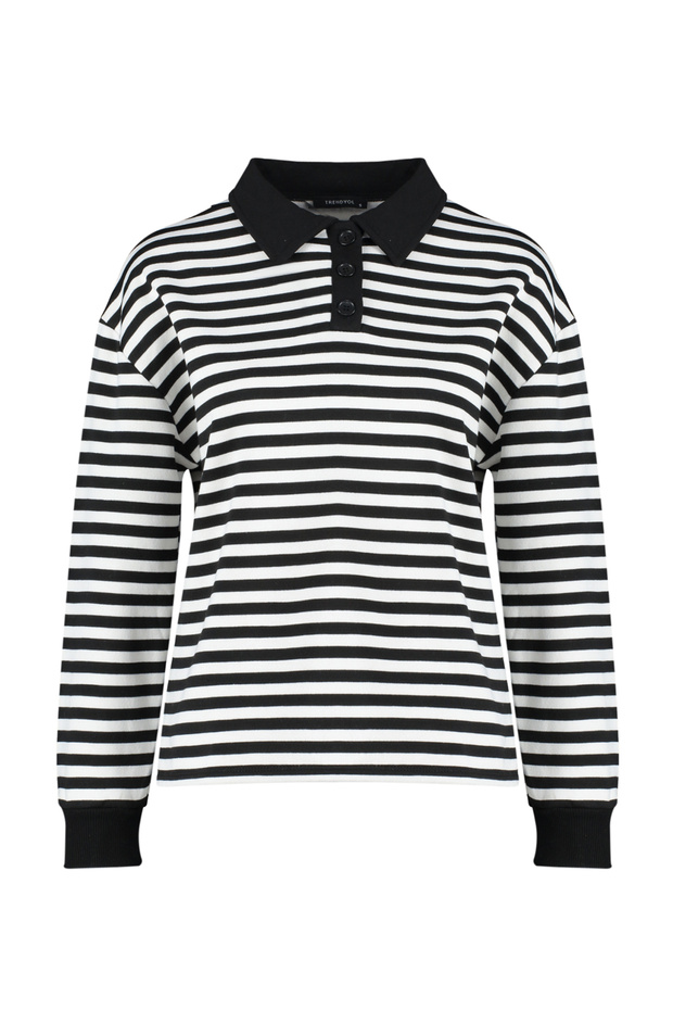 Siyah Çizgili Polo Yaka Kalın İçi Polarlı Oversize Örme Sweatshirt TWOAW24SW00344 - 6