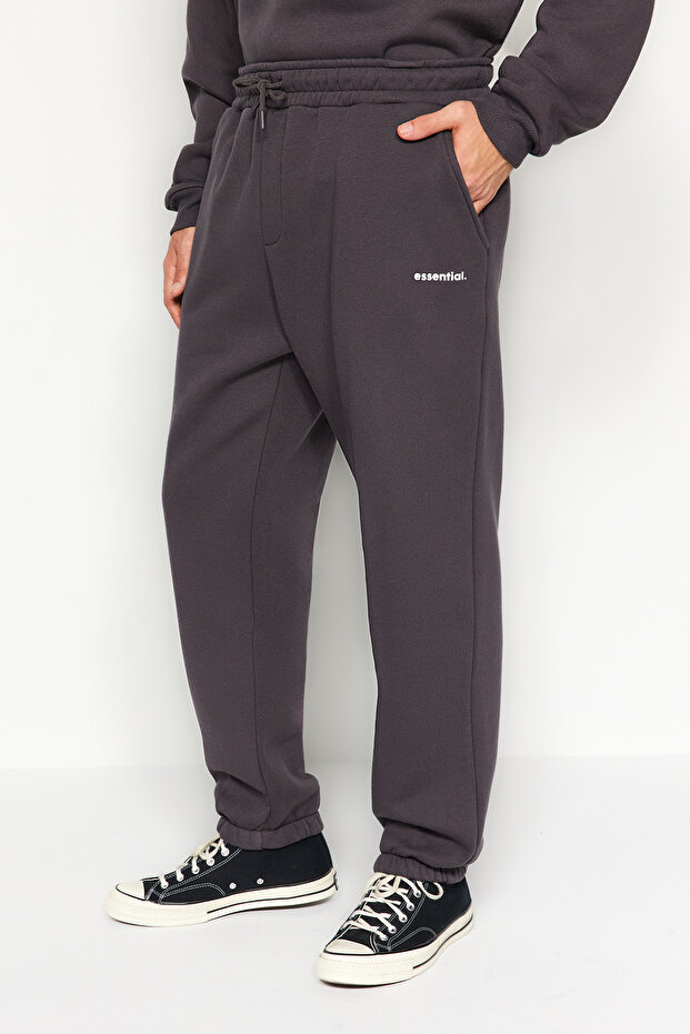 Antrasit Oversize/Geniş Kesim Yazı Baskılı Sıcak Tutan Sweatshirt Eşofman Takım TMNAW24EM00004 - 8