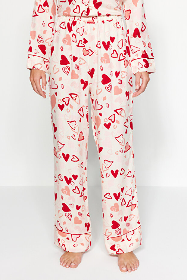 Kadın Mini Me/Anne Kız Çok Renkli Kalpli Biyeli Viskon Dokuma Pijama Takımı THMAW24PT00091 - 6