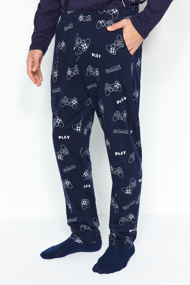 Lacivert Regular Fit Baskılı Örme %100 Pamuk Pijama Takımı TMNAW24PT00012 - 4