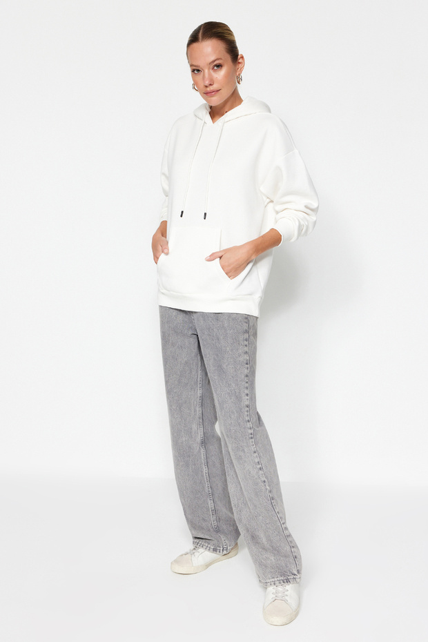 Ekru Kalın İçi Polarlı Oversize/Geniş Kalıp Kapüşonlu Basic Örme Sweatshirt TWOAW24SW00103 - 4