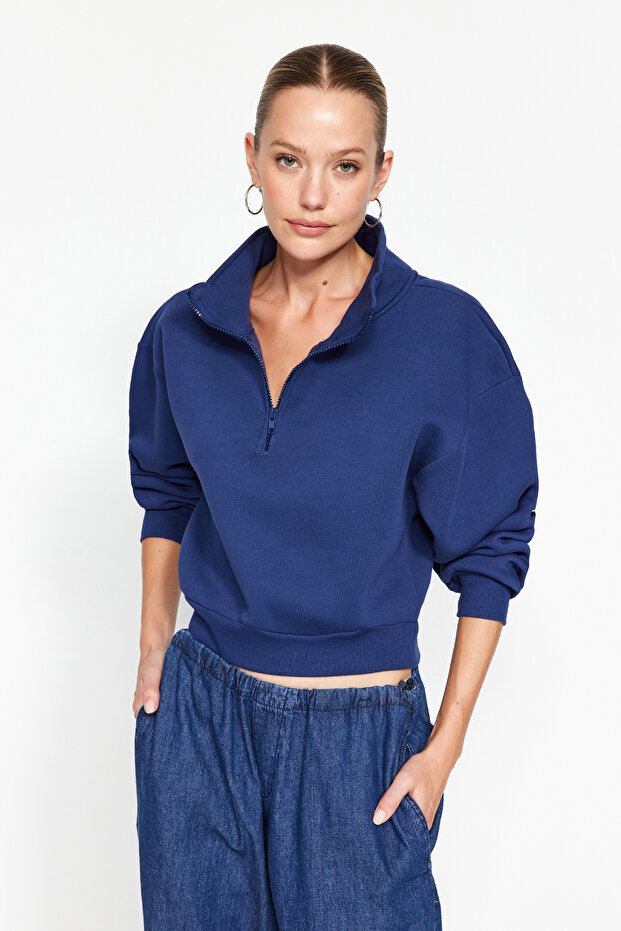 Lacivert Rahat Kesim Crop Basic Fermuarlı Dik Yaka Kalın İçi Polarlı Örme Sweatshirt TWOAW24SW00221 - 2