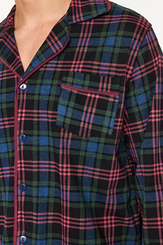 Lacivert Regular Fit Ekose Örme %100 Pamuk Pijama Takımı TMNAW24PT00026 - 4