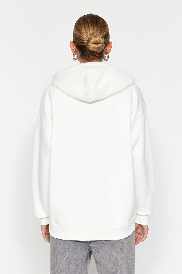 Ekru Kalın İçi Polarlı Oversize/Geniş Kalıp Kapüşonlu Basic Örme Sweatshirt TWOAW24SW00103 - 7