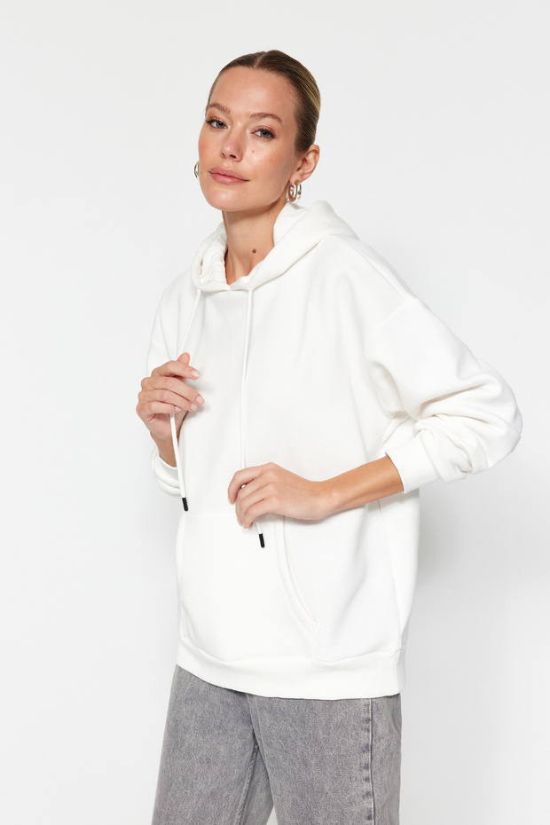 Ekru Kalın İçi Polarlı Oversize/Geniş Kalıp Kapüşonlu Basic Örme Sweatshirt TWOAW24SW00103 - 5