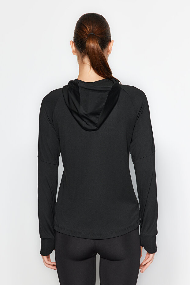 Siyah Başparmak Delikli İçi Şardonlu Sıcak Tutan Kışlık Örme Spor Ceket/Sweatshirt THMAW24SW00011 - 8