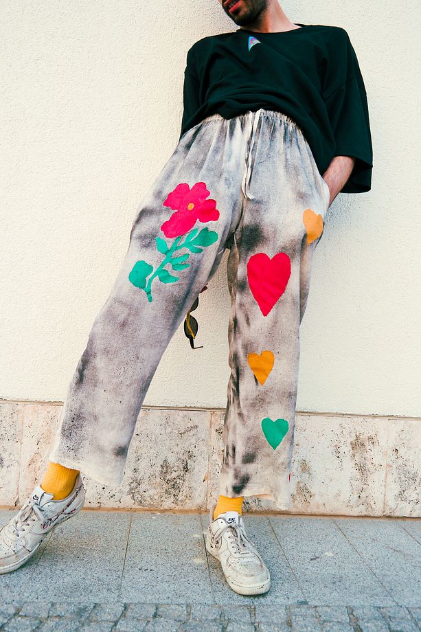 Çiçek Kalp Ve Çok Sevgi Şile Bezi Handmade Boya Boho Pantolon - 5