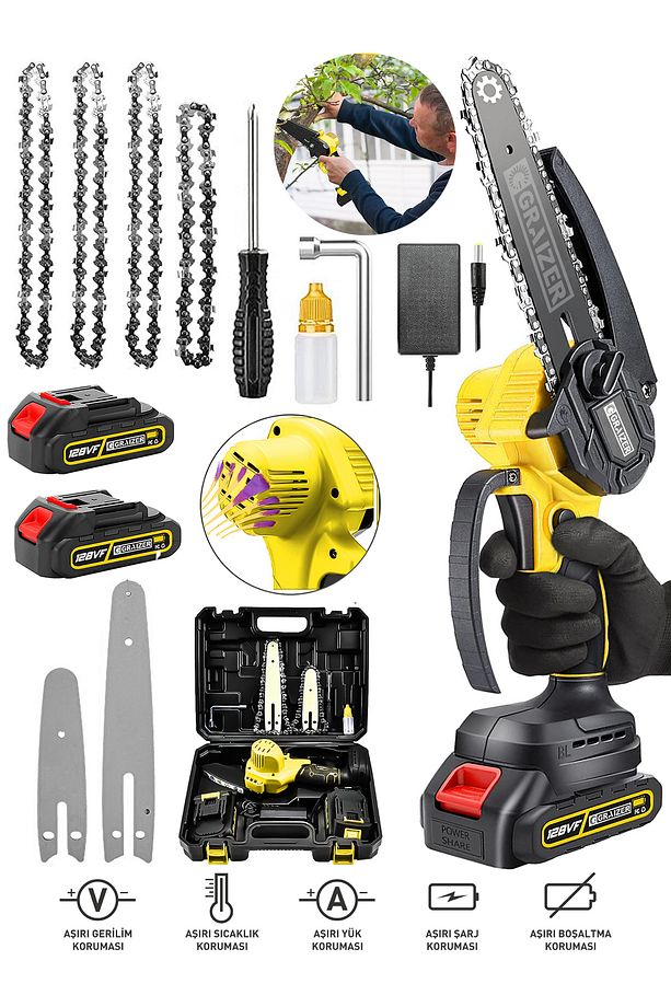 Alman 128 Vf 10 Ah Akülü Dal Kesme Budama Testere Bıçkı Makinesi + 4 Adet Zincir - 1
