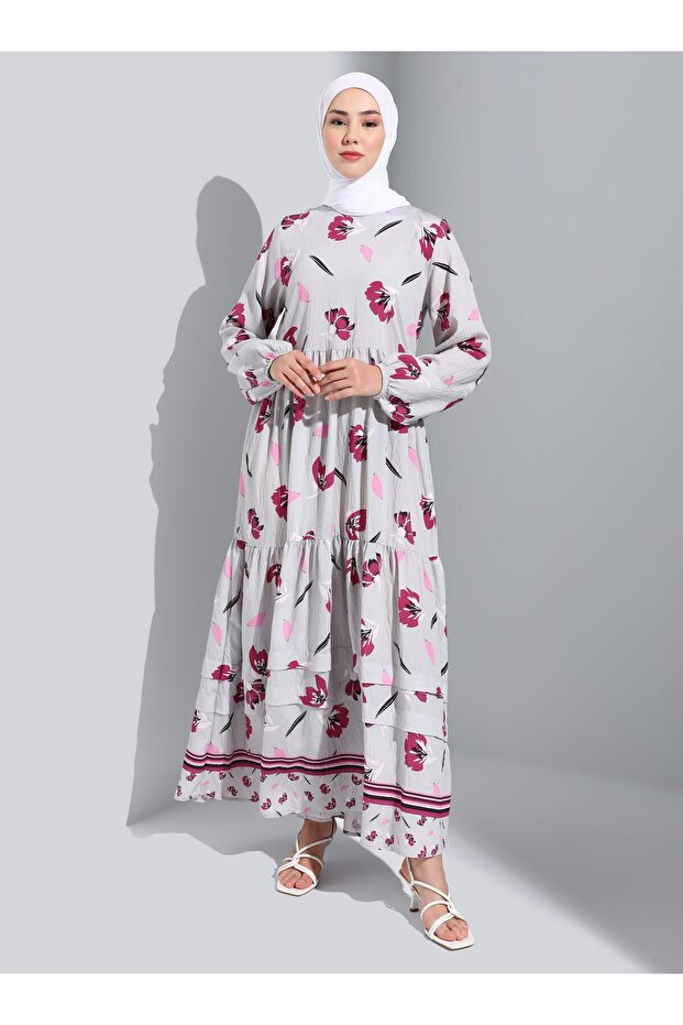 Aller Detailed Floral Patterned Hijab Dress - Fuchsia Floral Pattern - Casual