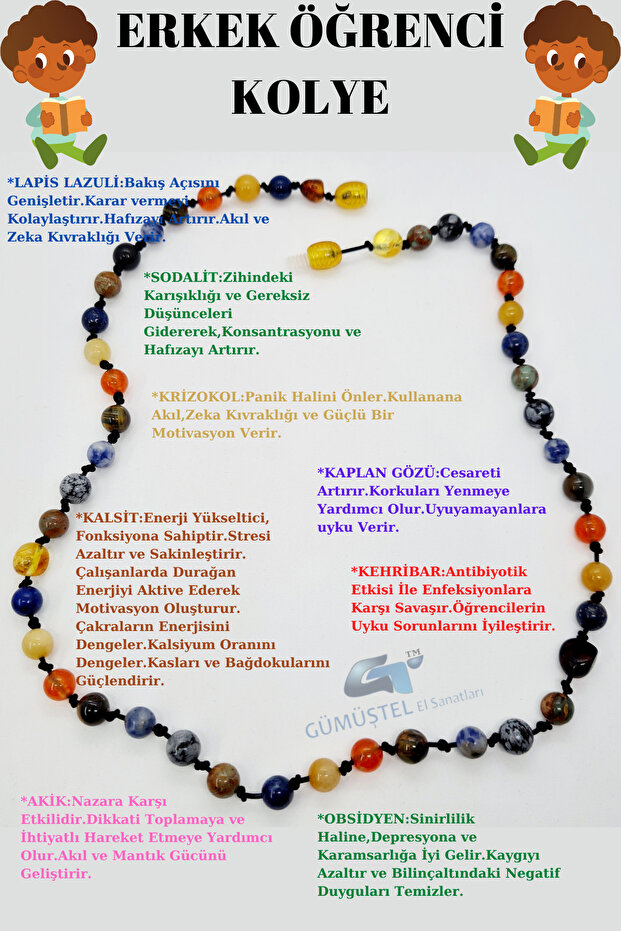 Certified Men's Student Necklace Lapis Lazuli Amber Sodalite Calcite K Eye Chrysocolla Agate Obsidian