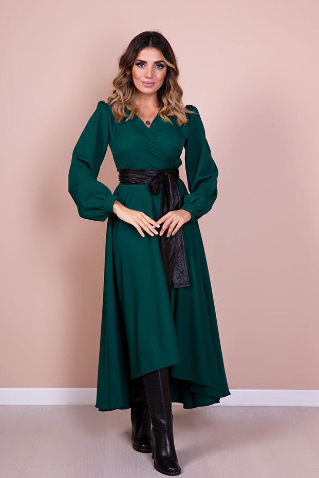 Emerald Asymmetric Cut Black Faux Belt Accessory Long Sleeve Double Breasted Pattern Dress