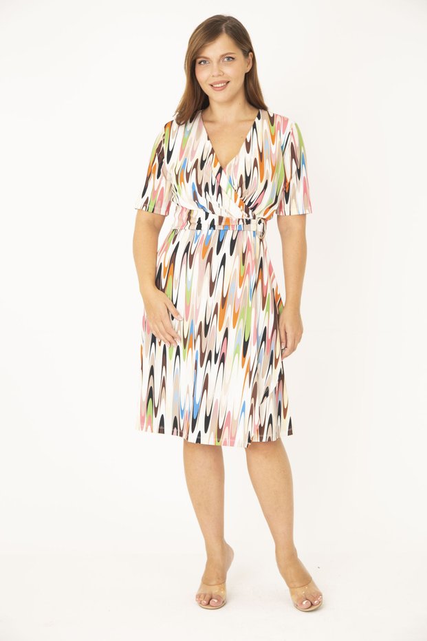 Women's Large Size Colorful Wrap Collar Belted Waist Dress 65N36880