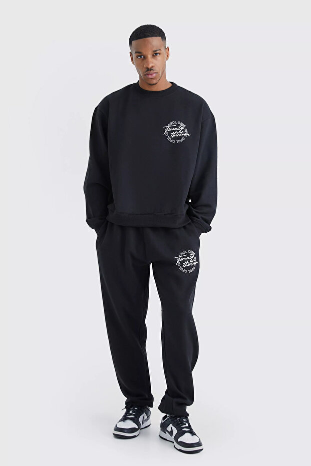 Unisex OFCL Printed Crew Neck Sweatshirt + Sweatpants Jogger Tracksuit Set