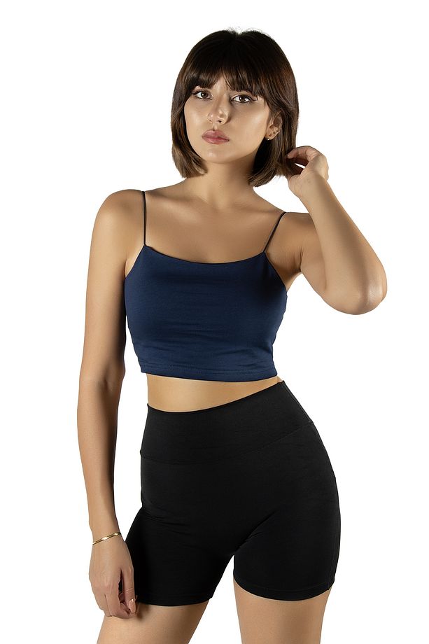 Lacivert Ip Askılı Pamuklu Örme Kısa Crop Atlet - 1