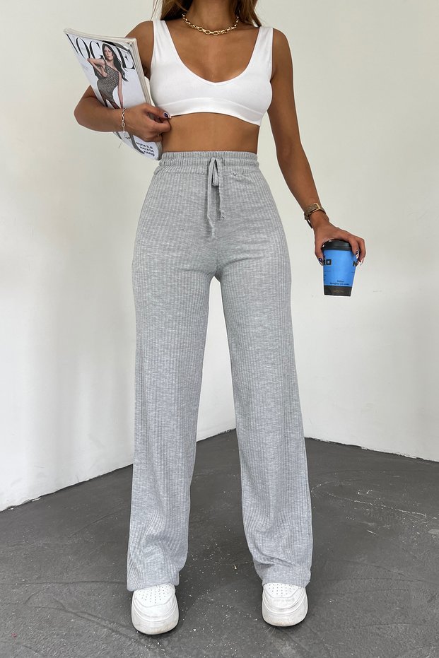 Women's Gray Ribbed Wide Leg Casual Camisole Trousers