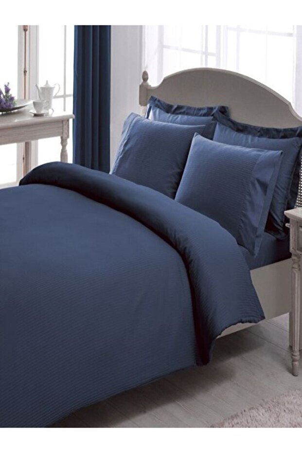 Premium Basic Satin Double Duvet Cover Set Navy Blue Without Elastic