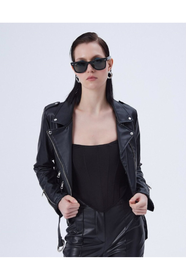 Biker Deri Ceket Siyah - 1