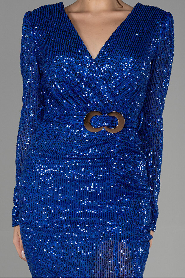 Saks Mavi Uzun Kol Yırtmaçlı Pullu Midi Davet Elbisesi ABK1808 - 3