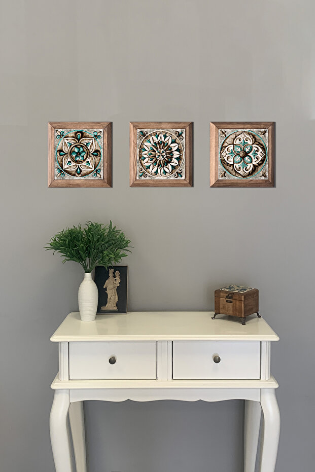 Masif (Ahşap) Çerçeveli 3'lü Set Taş Tablo Pano 28X28 Desen Seti Tile Set - 3