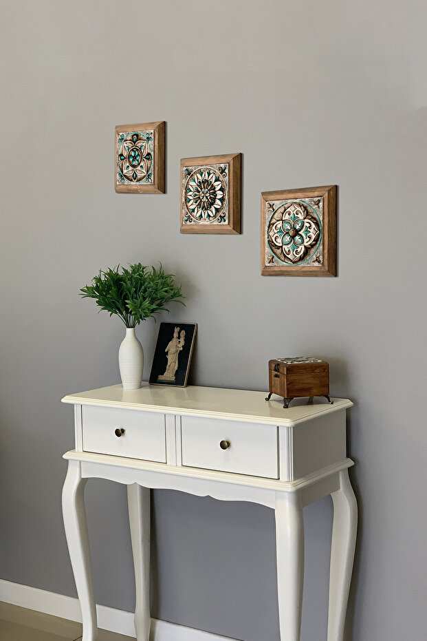 Masif (Ahşap) Çerçeveli 3'lü Set Taş Tablo Pano 28X28 Desen Seti Tile Set - 4