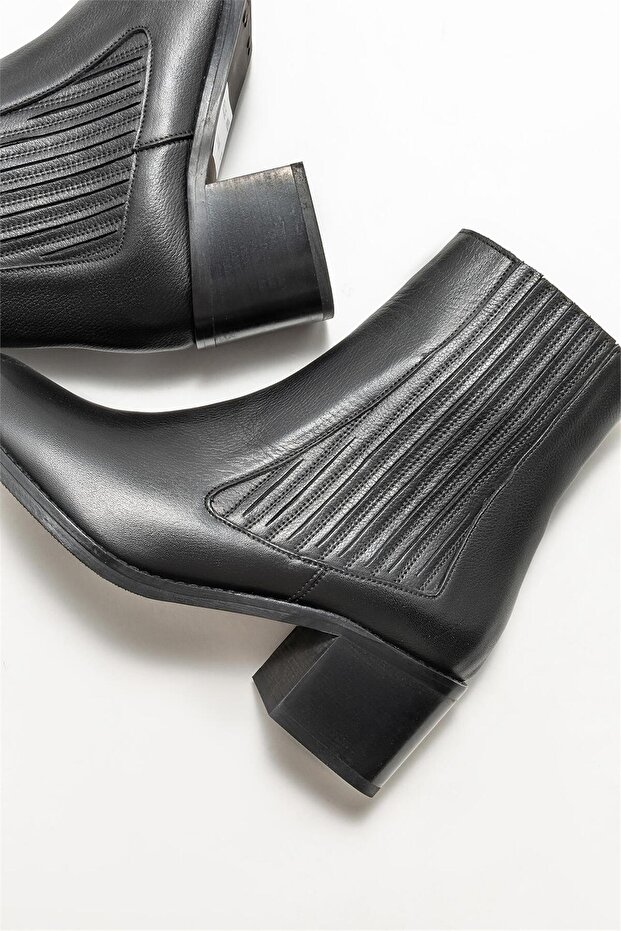Siyah Deri Kadın Topuklu Bot - 4