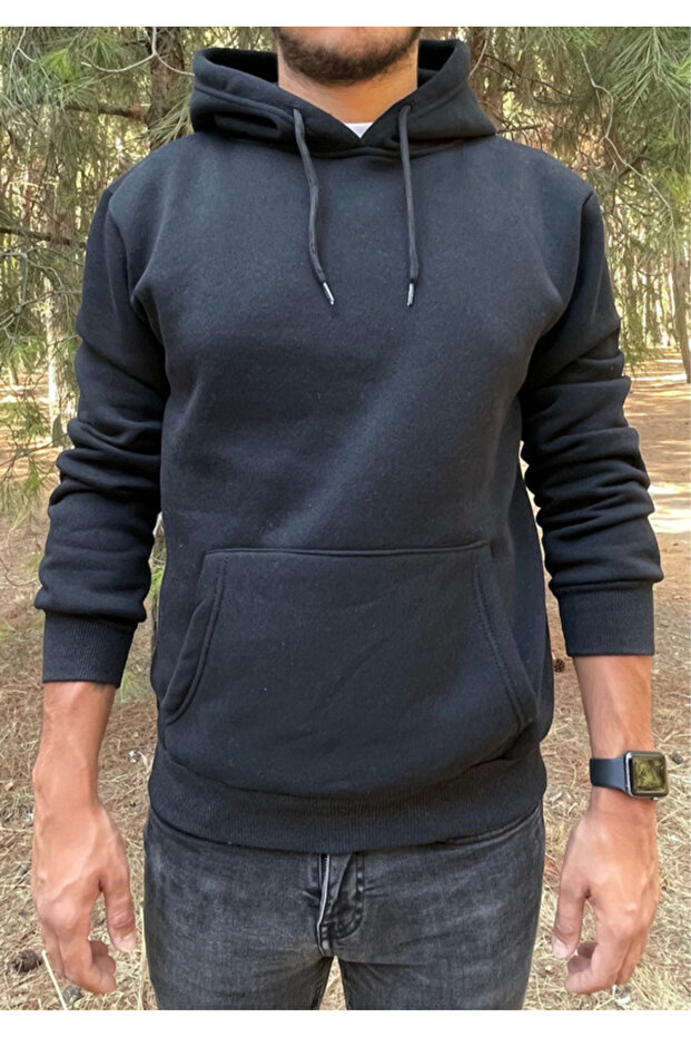 Men's Hooded Basic Black Sweatshirt - 1