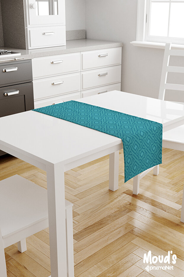 Turquoise Pentagonal Pattern Printed Suede Runner Tablecloth - 2