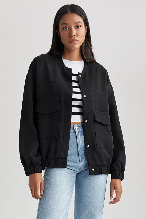 Water Repellent College Collar Snap Pocket Basic Plain Bomber Coat Jacket B3467Ax23Au