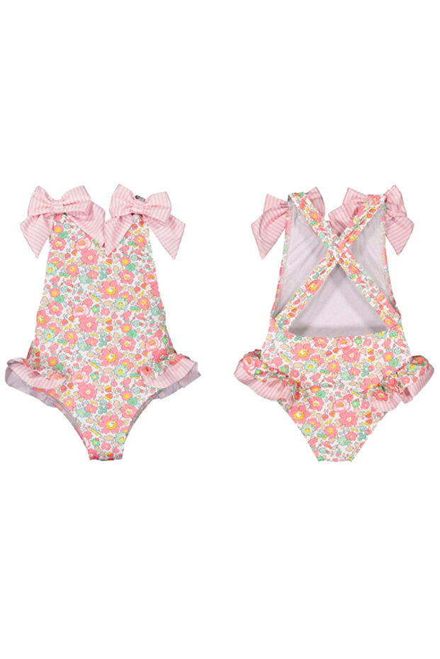 pink floral patterned swimsuit with cross back UPF50+
