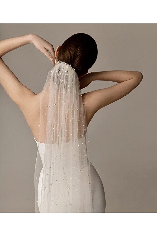 Bridal Accessory Off-White Pearl Studded Slim Fit 250 cm Veil Scalloped Long Pearl Veil – Gelin Ak