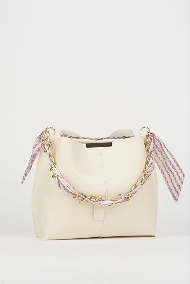 Women's Cream Scarf and Chain Accessory Soft Leather 3-Compartment Handbag and Shoulder Bag