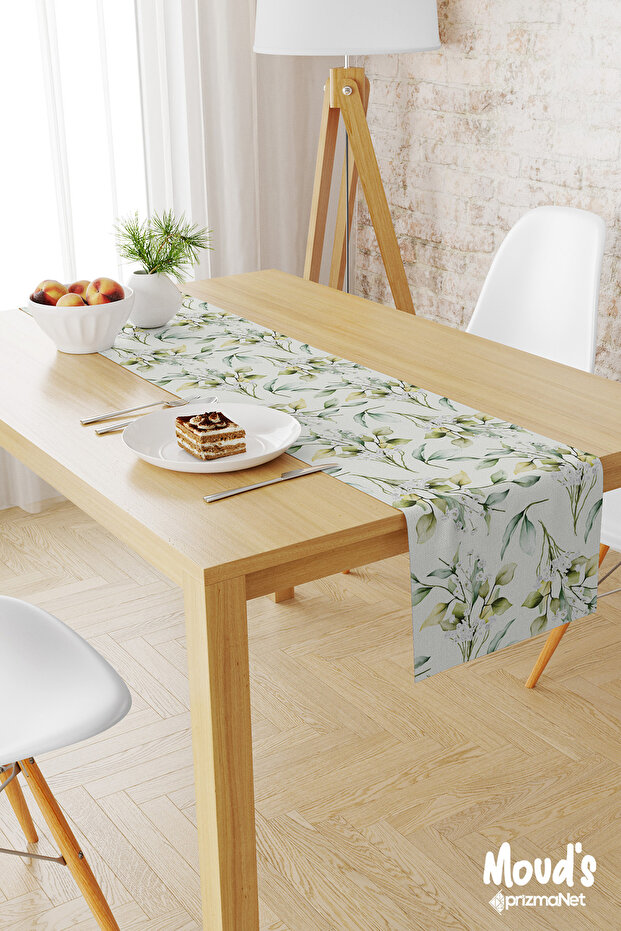 Green Flower Bunch Pattern Printed Suede Runner Tablecloth - 1