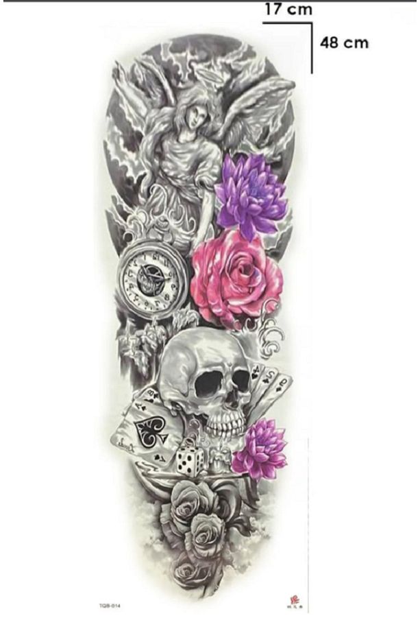 Gerçek Dövme Görünümlü 3D Melek,Saat,Çiçek,Kuru Kafa,Zar Ve Deste Uzun Süreli Geçici Dövme Tattoo - 1