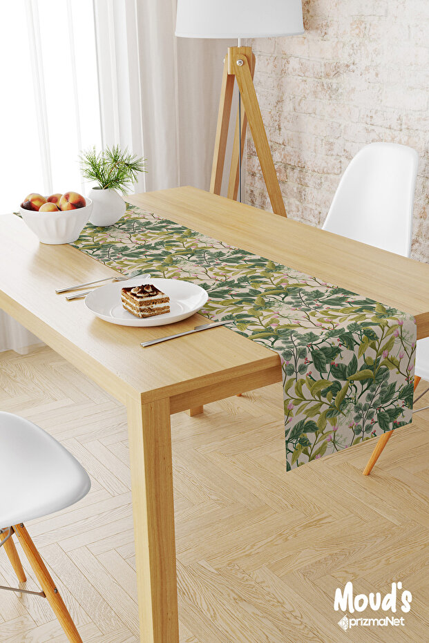 Green Cream Branches Pattern Printed Suede Runner Tablecloth - 1
