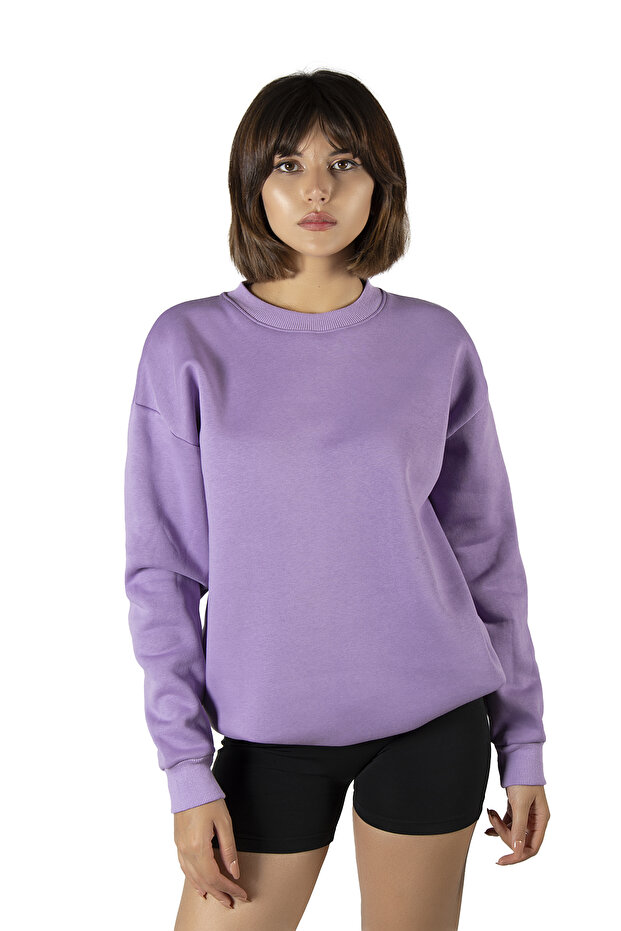 Kadın Mor Oversize Kalın Üç Iplik Şardonlu Bisiklet Yaka Basic Sweatshirt - 1