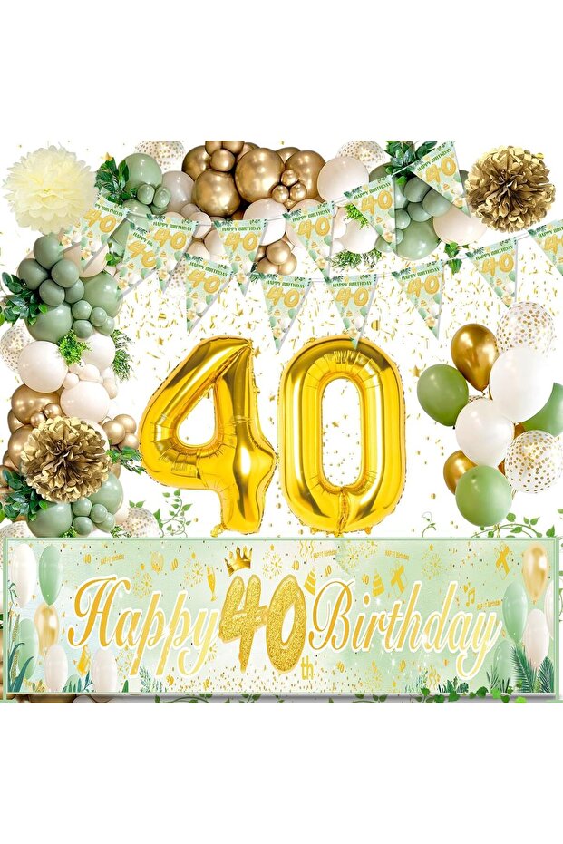 40th birthday decoration, 40 years old green gold balloons decoration set