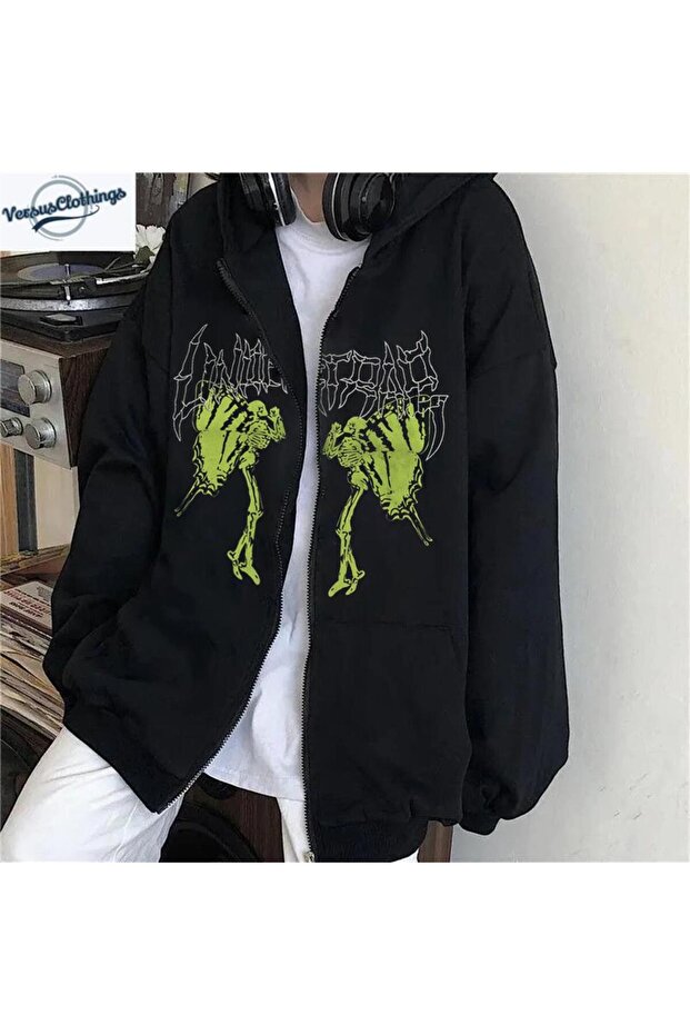 Harajuku Gothic Retro Butterfly Printed Oversize Zippered Black Unisex Hooded Cardigan