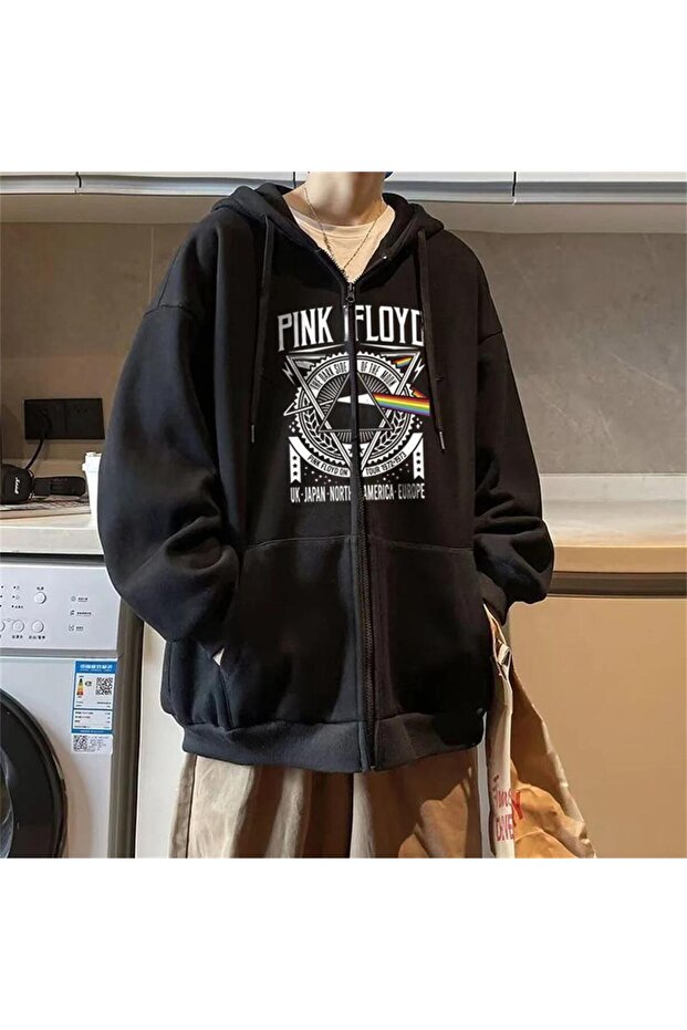 Pink Floyd Printed Oversize Zippered Black Unisex Hooded Cardigan