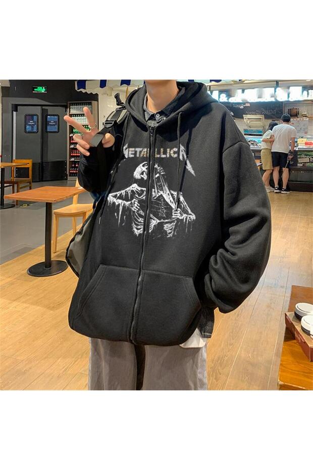 Metallica Skeleton Printed Oversize Zippered Black Unisex Hooded Cardigan