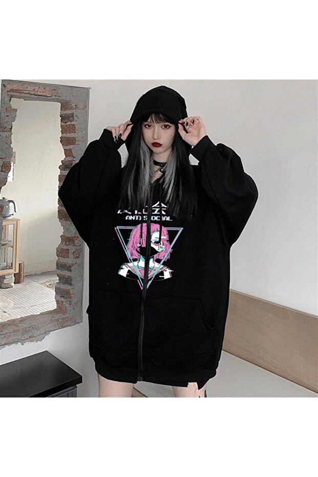 Antisocial Anime Girl Printed Oversize Zippered Black Unisex Hooded Cardigan