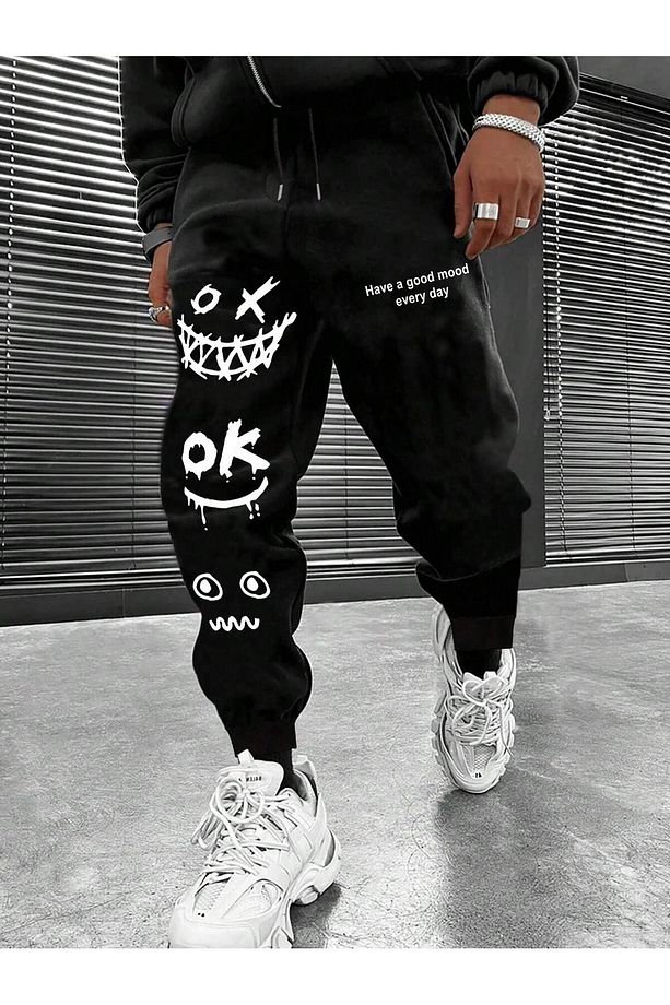 Cartoon & Slogan Graphic Drawstring Waist Eşofman Altı - 1