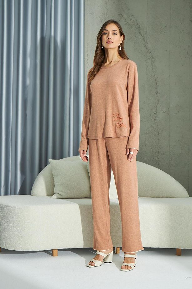 Kadın Uzun Kol Ribana Taba Pijama Takımı C1T5N2O69 - 1