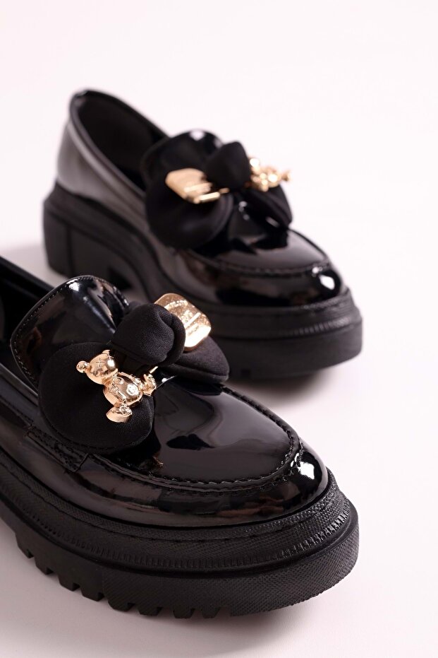 Női Astor fekete lakkbőr vastag talpú masnis naplopó fekete lakkbőr - 4