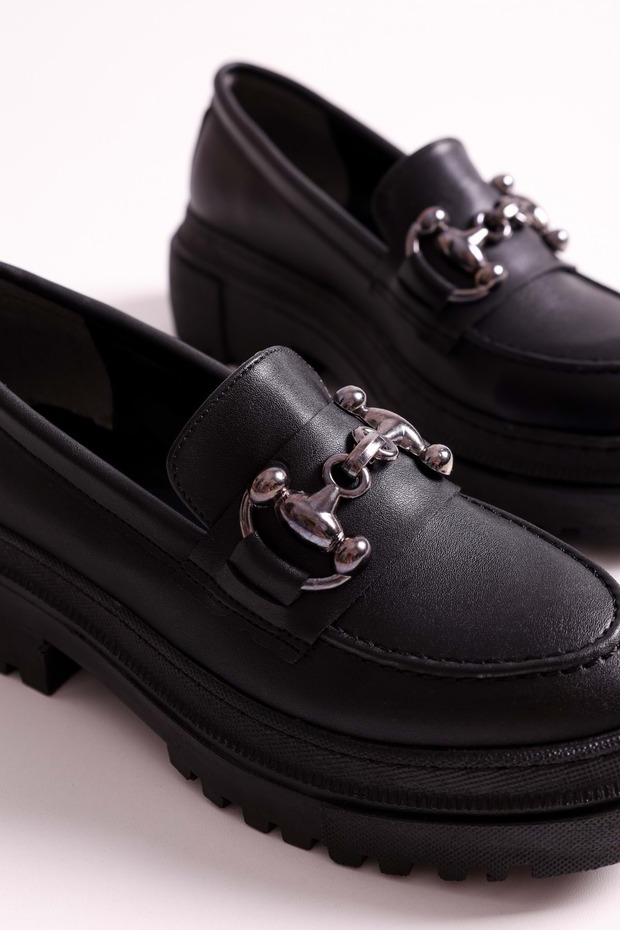 Női Rex fekete bőr vastag talpcsatos naplopó fekete bőr - 5