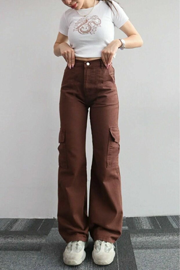 Hayley Women's Brown Cargo Pocket Extra High Waist Palazzo Jean without Back Pocket