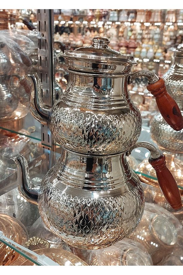 Bakır Çaydanlık El Işlemesi Damla Desenli Gümüş Bakır Çaydanlık Büyük Aile Boy Bakır Demlik - 3