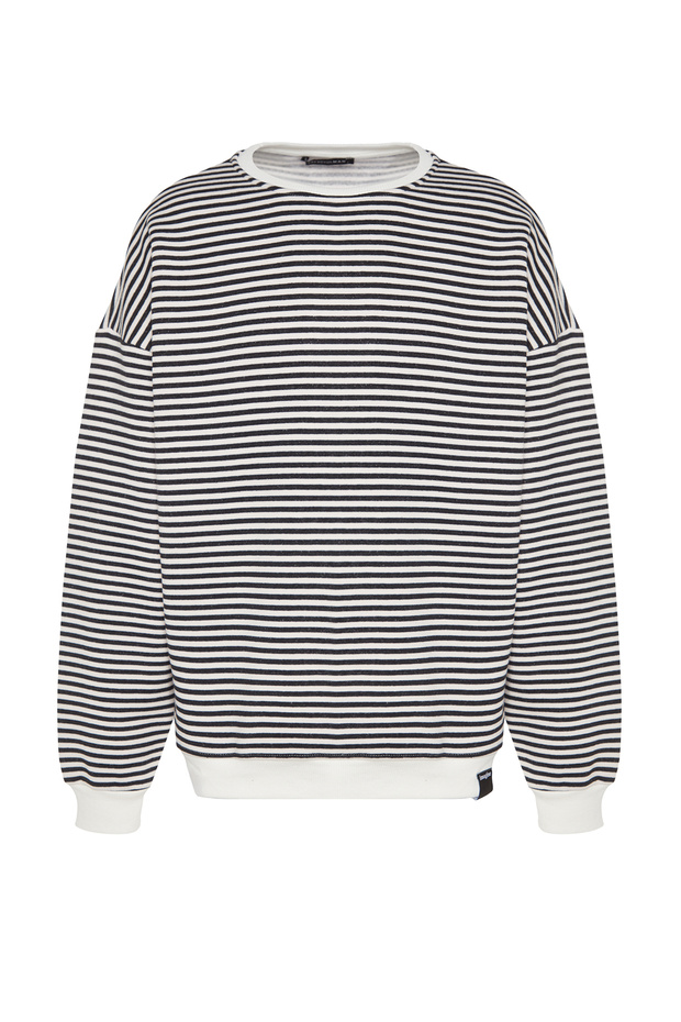 Siyah Oversize/Geniş Kesim Çizgili İçi Polar/Sıcak Tutan Sweatshirt TMNAW24SW00065 - 6