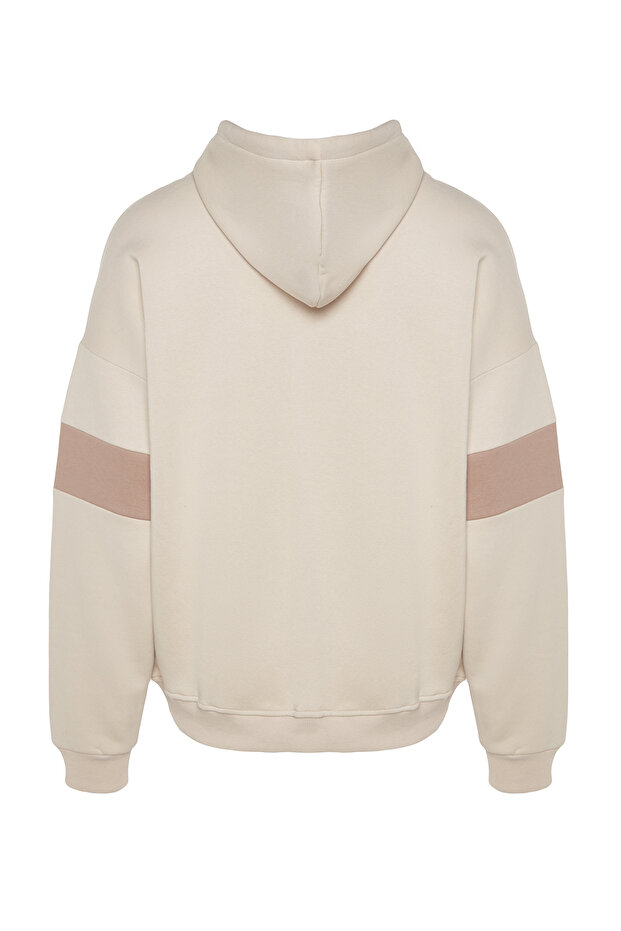 Bej Oversize/Geniş Kesim Etiket Detaylı Renk Bloklu İçi Polar/Sıcak Tutan Sweatshirt TMNAW24SW00128 - 9