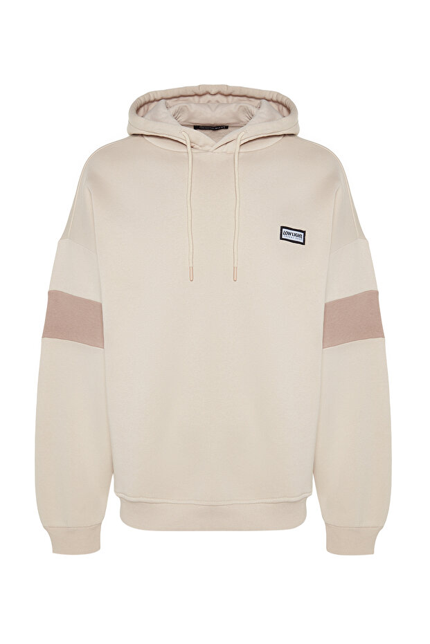 Bej Oversize/Geniş Kesim Etiket Detaylı Renk Bloklu İçi Polar/Sıcak Tutan Sweatshirt TMNAW24SW00128 - 8